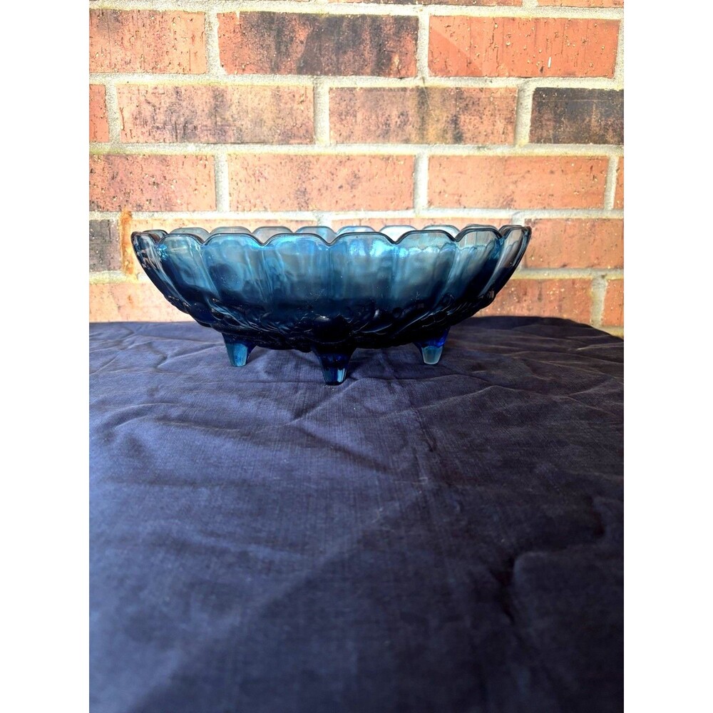 Vintage Indiana Glass Harvest Grape Blue Carnival Glass Footed Oval Bow 12"